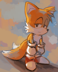 Size: 1019x1271 | Tagged: safe, artist:astro, miles "tails" prower, abstract background, classic tails, eyelashes, frown, lidded eyes, looking at viewer, solo, standing, watercolor