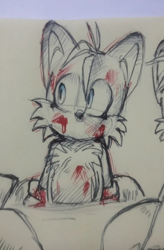 Size: 600x917 | Tagged: safe, artist:cubowo, miles "tails" prower, blood, blood stain, eyelashes, line art, looking offscreen, no mouth, sketch, solo, traditional media