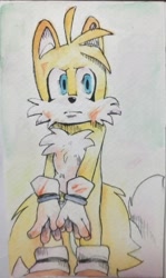 Size: 2654x4453 | Tagged: safe, artist:cubowo, miles "tails" prower, blood, blood stain, eyelashes, frown, looking offscreen, solo, standing, traditional media