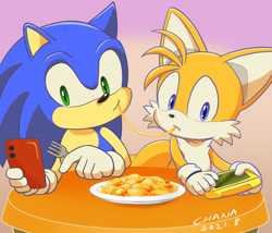 Size: 1182x1012 | Tagged: safe, artist:tailchana, miles "tails" prower, sonic the hedgehog, 2021, distracted, duo, eating, food, gay, gradient background, holding something, lady and the tramp, phone, shipping, signature, sitting, sonic x tails, spaghetti, table