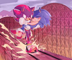 Size: 1700x1400 | Tagged: safe, artist:feli.chii_art, shadow the hedgehog, sonic the hedgehog, abstract background, blushing, carrying them, duo, gay, outline, shadow x sonic, shipping, signature, skating, smile