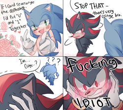 Size: 2000x1800 | Tagged: safe, artist:feli.chii_art, shadow the hedgehog, sonic the hedgehog, blushing, dialogue, duo, english text, flirting, flower, gay, heart, question mark, rose, shadow x sonic, shipping, simple background, smile, standing, white background