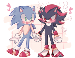 Size: 1800x1400 | Tagged: safe, artist:feli.chii_art, shadow the hedgehog, sonic the hedgehog, abstract background, blushing, cute, duo, frown, gay, heart, holding hands, mouth open, shadow x sonic, shadowbetes, shipping, smile, sonabetes, standing