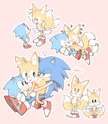 Size: 1000x1151 | Tagged: safe, artist:完獄, miles "tails" prower, sonic the hedgehog, classic sonic, classic tails, cute, gay, group, heart, hugging, hugging from behind, modern sonic, modern tails, outline, pink background, shipping, signature, simple background, sonabetes, sonic x tails, standing, tailabetes
