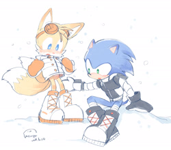 Size: 1904x1676 | Tagged: safe, artist:完獄, miles "tails" prower, sonic the hedgehog, blushing, boots, coat, duo, goggles, goggles on head, mouth open, signature, simple background, sitting, snow, snowing, standing, white background, winter, winter outfit