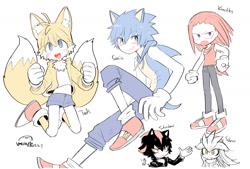Size: 1748x1179 | Tagged: safe, artist:完獄, knuckles the echidna, miles "tails" prower, shadow the hedgehog, silver the hedgehog, sonic the hedgehog, human, blushing, character name, clothes, cute, group, humanized, signature, simple background, smile, trio focus, white background