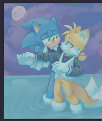 Size: 2564x3051 | Tagged: safe, artist:cubowo, miles "tails" prower, sonic the hedgehog, abstract background, blushing, dancing, duo, gay, lidded eyes, lineless, looking at each other, older, shipping, smile, sonic x tails, standing, suit, water