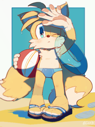 Size: 3000x4000 | Tagged: safe, artist:狗不理栗子好吃吗, miles "tails" prower, :<, abstract background, beach, beach ball, beach outfit, cute, frown, holding something, one eye closed, outdoors, pawpads, sandals, signature, solo, standing, swimming tube, tailabetes, wet