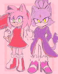 Size: 1616x2048 | Tagged: safe, artist:pikorulli, amy rose, blaze the cat, cat, hedgehog, 2022, amy x blaze, amy's halterneck dress, blaze's tailcoat, cute, female, females only, lesbian, looking at viewer, piko piko hammer, shipping