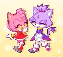 Size: 1584x1447 | Tagged: safe, artist:pukopop, amy rose, blaze the cat, cat, hedgehog, 2022, amy x blaze, amy's halterneck dress, blaze's tailcoat, cute, eyes closed, female, females only, lesbian, mouth open, shipping