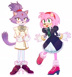 Size: 1920x2054 | Tagged: safe, artist:sonicposer, amy rose, blaze the cat, cat, hedgehog, 2022, amy x blaze, blushing, cute, female, females only, lesbian, looking at viewer, mouth open, shipping