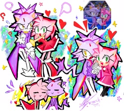 Size: 2048x1833 | Tagged: safe, artist:nchaideh, amy rose, blaze the cat, cat, hedgehog, 2023, amy's halterneck dress, blaze's tailcoat, cute, female, females only, hearts, holding hands, lbazamy, lesbian, looking at viewer, mario & sonic at the olympic games, question mark, shipping, star (symbol)
