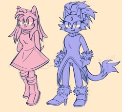 Size: 705x644 | Tagged: safe, artist:_ridofukuto_, amy rose, blaze the cat, cat, hedgehog, 2022, amy x blaze, amy's halterneck dress, blaze's tailcoat, cute, female, females only, hands behind back, lesbian, looking at viewer, shipping