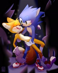 Size: 1638x2048 | Tagged: safe, artist:wikate2, miles "tails" prower, sonic the hedgehog, 2019, abstract background, dancing, duo, gay, holding them, older, shipping, smile, sonic x tails, sunlight
