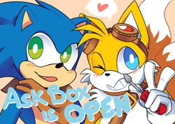 Size: 1280x910 | Tagged: safe, artist:askboominggays, miles "tails" prower, sonic the hedgehog, 2016, ask booming gays, blushing, duo, english text, fangs, gay, heart, holding something, orange background, screwdriver, shipping, simple background, smile, sonic boom (tv), sonic x tails, v sign, wink