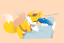 Size: 743x502 | Tagged: safe, artist:askboominggays, miles "tails" prower, sonic the hedgehog, 2016, ask booming gays, bending over, blushing, dialogue, duo, english text, eyes closed, gay, kiss, shipping, simple background, sonic boom (tv), sonic x tails, tired, waking up