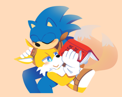 Size: 632x502 | Tagged: safe, artist:askboominggays, miles "tails" prower, sonic the hedgehog, 2016, ask booming gays, blushing, book, cute, duo, eyes closed, gay, holding something, kiss on head, lidded eyes, lying down, reading, shipping, simple background, smile, sonabetes, sonic boom (tv), sonic x tails, tailabetes