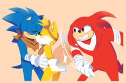 Size: 803x529 | Tagged: safe, artist:askboominggays, knuckles the echidna, miles "tails" prower, sonic the hedgehog, ask booming gays, blushing, eyes closed, gay, high five, kiss, kiss and high five, looking at them, meme, shipping, simple background, sonic boom (tv), sonic x tails, trio
