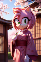 Size: 512x768 | Tagged: safe, ai art, artist:mobians.ai, amy rose, abstract background, cherry blossom petals, cherry blossom tree, daytime, holding something, japan, kimono, looking at viewer, outdoors, smile, solo, standing, tree