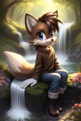Size: 512x768 | Tagged: safe, ai art, artist:mobians.ai, oc, fox, abstract background, blue eyes, boots, brown fur, flower, forest, grass, jeans, looking at viewer, outdoors, sitting, smile, solo, sweater, tree, water, waterfall