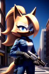 Size: 512x768 | Tagged: safe, ai art, artist:mobians.ai, whisper the wolf, abstract background, city, cleavage, daytime, frown, gun, holding something, looking at viewer, outdoors, police outfit, solo, standing