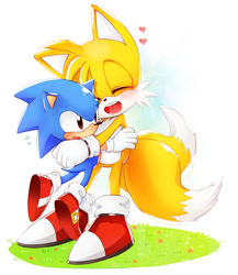 Size: 1280x1473 | Tagged: safe, artist:den255, miles "tails" prower, sonic the hedgehog, blushing, classic sonic, cute, dawww, duo, gay, grass, heart, holding them, hugging, modern tails, mouth open, shipping, smile, sonabetes, sonic x tails, tailabetes