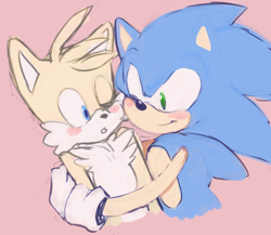 Size: 1024x887 | Tagged: safe, artist:gurkrunk, miles "tails" prower, sonic the hedgehog, 2013, duo, gay, hugging, looking at each other, mouth open, one eye closed, pink background, shipping, simple background, smile, sonic x tails