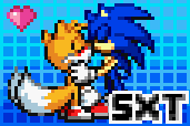 Size: 171x114 | Tagged: artist needed, safe, miles "tails" prower, sonic the hedgehog, 2013, abstract background, duo, eyes closed, gay, heart, holding each other, kiss, logo, pixel art, shipping, sonic advance, sonic x tails, standing