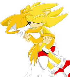 Size: 1125x1243 | Tagged: source needed, safe, artist:theredtail, miles "tails" prower, sonic the hedgehog, super sonic, 2013, carrying them, duo, eyes closed, floppy ears, gay, kiss, shipping, signature, simple background, sonic x tails, super form, white background