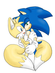 Size: 480x640 | Tagged: safe, artist:zehn, miles "tails" prower, sonic the hedgehog, 2013, blushing, duo, gay, heart tail, holding each other, lidded eyes, looking at each other, mouth open, shipping, simple background, sonic x tails, standing, sweatdrop, white background