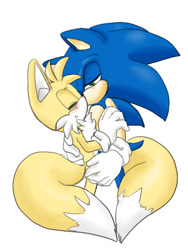 Size: 480x640 | Tagged: safe, artist:zehn, miles "tails" prower, sonic the hedgehog, 2013, blushing, duo, eyes closed, gay, heart tail, holding each other, kiss, lidded eyes, looking at them, shipping, simple background, sonic x tails, standing, sweatdrop, white background