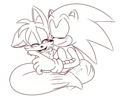 Size: 655x538 | Tagged: source needed, safe, artist:devotedsidekick, miles "tails" prower, sonic the hedgehog, 2014, blushing, cute, duo, eyes closed, floppy ear, gay, line art, mouth open, nuzzle, shipping, simple background, smile, sonic x tails, white background, wrapped in tails