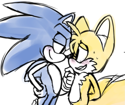 Size: 813x684 | Tagged: safe, artist:devotedsidekick, miles "tails" prower, sonic the hedgehog, 2014, blushing, caressing, duo, gay, hand behind back, looking at each other, shipping, simple background, smile, sonic x tails, standing, sweatdrop, white background