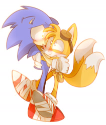 Size: 1280x1519 | Tagged: safe, artist:sunic-taan, miles "tails" prower, sonic the hedgehog, 2014, blushing, cute, duo, embarrassed, eye twitch, floppy ears, gay, hugging, looking at each other, shipping, simple background, smile, sonabetes, sonic x tails, standing, tailabetes, white background