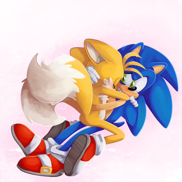 233338 - safe, artist:huyu_sth, miles tails prower (sonic), sonic the  hedgehog (sonic), canine, fox, mammal, anthro, sonic.exe, sega, sonic the  hedgehog (series), duo, duo male, hug, male, males only, meme - Furbooru