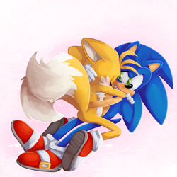 Size: 1000x1000 | Tagged: safe, artist:devotedsidekick, miles "tails" prower, sonic the hedgehog, 2014, duo, eyes closed, floppy ears, gay, holding each other, hugging, lying down, shipping, sitting on them, smile, sonic x tails