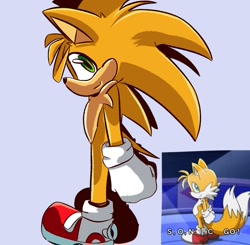 Size: 1155x1131 | Tagged: safe, artist:muggsy_shipper, oc, hedgehog, 2023, fankid, green eyes, magical gay spawn, male, parent:sonic, parent:tails, parents:sontails, reference inset, simple background, smile, solo, yellow fur