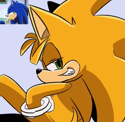 Size: 1155x1131 | Tagged: safe, artist:muggsy_shipper, oc, hedgehog, 2023, fankid, green eyes, lidded eyes, looking back at viewer, magical gay spawn, male, parent:sonic, parent:tails, parents:sontails, reference inset, simple background, smile, smug, solo, yellow fur