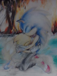 Size: 1536x2048 | Tagged: safe, artist:lelteave, miles "tails" prower, sonic the hedgehog, 2023, abstract background, cave, clothes, duo, eyes closed, floppy ears, gay, hugging, kneeling, shipping, sonic x tails, traditional media, w.i.p, watercolor