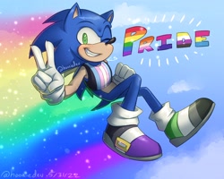 Size: 2048x1638 | Tagged: safe, artist:hooxiedev, sonic the hedgehog, 31 days sonic, 2022, abstract background, ace, aromantic, aromantic pride, asexual pride, binder, bisexual pride, clouds, gay pride, lesbian pride, looking at viewer, nonbinary pride, pansexual pride, pride, pride flag, rainbow, signature, smile, solo, sparkles, trans male, trans pride, transgender, v sign, wink