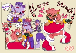 Size: 1850x1300 | Tagged: safe, artist:kibblezznbits, amy rose, blaze the cat, cat, hedgehog, ..., 2022, amy x blaze, amy's halterneck dress, blushing, cute, english text, eyes closed, female, females only, fingerless gloves, hand on arm, hand on cheek, hearts, lesbian, looking at each other, mouth open, shipping