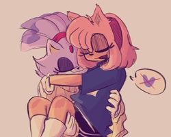 Size: 1360x1090 | Tagged: safe, artist:hatchetheartt, amy rose, blaze the cat, cat, hedgehog, 2022, amy x blaze, cute, eyes closed, female, females only, heart, holding them, lesbian, mouth open, shipping