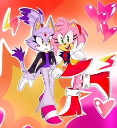 Size: 1882x2048 | Tagged: safe, artist:berryyy_pieee, amy rose, blaze the cat, cat, hedgehog, 2022, amy x blaze, cute, female, females only, holding hands, lesbian, lesbian pride, looking at viewer, peace sign, pride, shipping