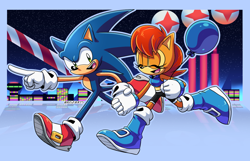 Size: 1290x830 | Tagged: safe, artist:artsriszi, sally acorn, sonic the hedgehog, balloon, shipping, sonally, twinkle park