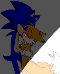 Size: 900x1098 | Tagged: artist needed, source needed, safe, miles "tails" prower, sonic the hedgehog, bad quality, blushing, dark, duo, eyes closed, floppy ears, gay, holding each other, kiss, light, needs more jpeg, shipping, sonic x tails, standing