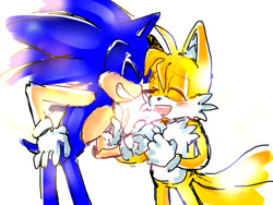 Size: 788x594 | Tagged: safe, artist:lina-loves-you, miles "tails" prower, sonic the hedgehog, 2015, blushing, duo, eyes closed, gay, mouth open, shipping, simple background, smile, sonic x tails, standing, white background