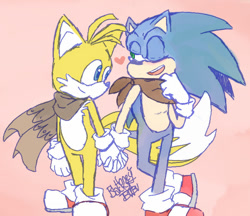 Size: 756x652 | Tagged: safe, artist:fasterthanthesky, miles "tails" prower, sonic the hedgehog, bandana, duo, gay, heart, holding hands, looking at each other, pink background, scarf, shipping, signature, simple background, smile, sonic x tails, standing, wink