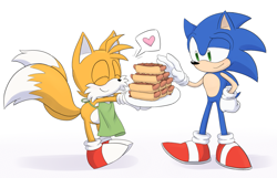 Size: 1245x800 | Tagged: safe, artist:yellowbloggion, miles "tails" prower, sonic the hedgehog, apron, chili dog, duo, eyes closed, food, gay, hand on hip, heart, holding something, looking at something, plate, shadow (lighting), shipping, simple background, smile, sonic x tails, standing, white background