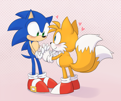Size: 1053x875 | Tagged: safe, artist:yellowbloggion, miles "tails" prower, sonic the hedgehog, abstract background, blushing, cute, duo, gay, heart, holding hands, looking at each other, shipping, smile, sonabetes, sonic x tails, standing, surprised, tailabetes