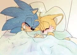 Size: 1280x920 | Tagged: safe, artist:devotedsidekick, miles "tails" prower, sonic the hedgehog, abstract background, bed, blushing, duo, ear fluff, eyes closed, floppy ears, gay, heart, holding hands, indoors, lying on side, pillow, shipping, smile, snuggling, sonic x tails